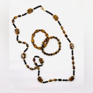 Polished Natural Tigers Eye 36” Beaded Necklace & 2 Bracelet Set Excellent